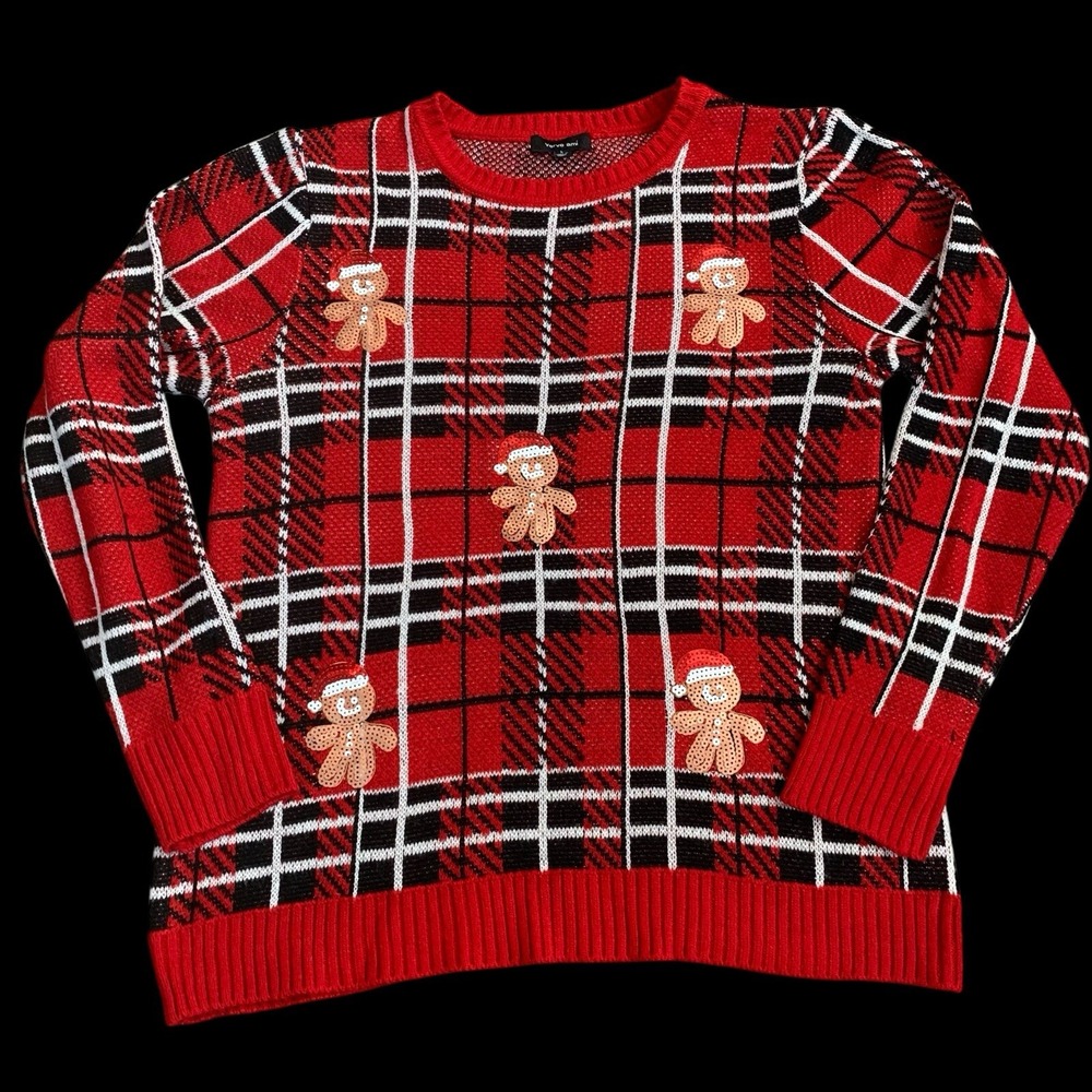 Verve Ami Gingerbread Men Christmas Sweater Womens L Plaid Pullover Holiday